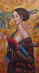 Peinture à l'huile vintage d'après Gustav Klimt Dame 60,96 x H. 101,60 cm - Peinture ancienne authentique d'après l'original - Peint à la main