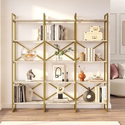 Casa Padrino armario estante de lujo con estantes de mármol oro / blanco 170 x 30 x A. 175 cm - Armario de libros - Armario de salón - Muebles de salón - Muebles de oficina de lujo