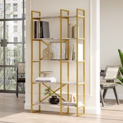 Casa Padrino luxury shelf cabinet with marble shelves gold / white 87.5 x 30 x H. 175 cm - Bookcase - Living room cabinet - Living room furniture - Office furniture - Luxury furniture