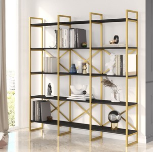 Casa Padrino Luxus Regalschrank mit Massivholz Regalen Gold / Schwarz 170 x 30 x H. 175 cm - Bücherschrank - Wohnzimmer Schrank - Büro Schrank - Wohnzimmer Möbel - Büro Möbel - Luxus Möbel