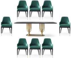 Casa Padrino Luxury Dining Room Set Green / Black / Brass - 1 Luxury Dining Table & 8 Luxury Dining Chairs - Dining Room Furniture - Luxury Furniture - Luxury Collection Casa Padrino Luxury Dining Room Set Green / Black / Brass - 1 Luxury Dining Table & 8 Luxury Dining Chairs - Dining Room Furniture - Luxury Furniture - Luxury Collection