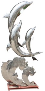 Casa Padrino sculpture de décoration de jardin XXL de luxe dauphins argent H. 300 cm - Immense figurine de décoration de jardin XXL - Figurine animalière inox XXL - Sculptures de jardin XXL