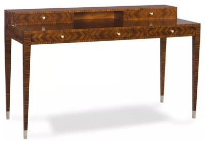 Casa Padrino Luxury Art Deco Desk with 5 Drawers Brown / Silver 140 x 55 x H. 86 cm - Solid Wood Office Table - Office Furniture - Art Deco Furniture - Luxury Furniture