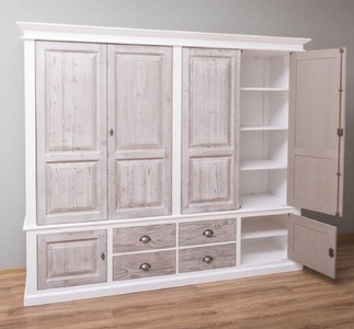 Casa Padrino Landhausstil Schlafzimmerschrank Weiß / Naturfarben 232 x 59 x H. 197 cm - Massivholz Kleiderschrank mit 6 Türen und 4 Schubladen - Massivholz Schlafzimmer Möbel im Landhausstil