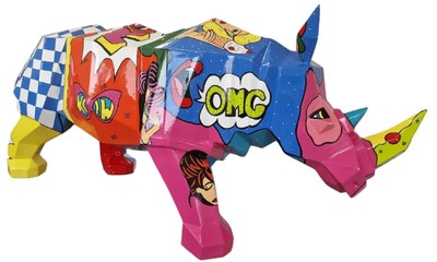 Casa Padrino sculpture décorative XXL design de luxe rhinocéros coloré 180 x H. 80 cm - Immense figurine décorative XXL de jardin - Sculptures Décoratives XXL - Figurines Décoratives XXL
