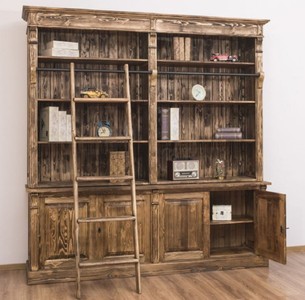 Casa Padrino Landhausstil Bücherschrank mit Leiter Braun 223 x 51 x H. 228 cm - Massivholz Schrank - Wohnzimmerschrank - Regalschrank - Büroschrank - Landhausstil Möbel