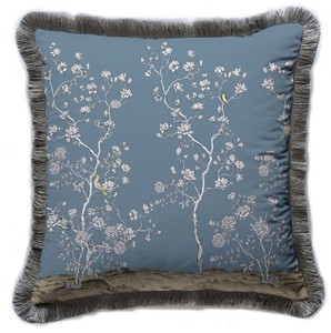 Luxus Designer Deko Kissen Sträucher mit Blumen & Vögel Blau Mehrfarbig Grau Luxury Designer Decorative Pillow Shrubs with Flowers & Birds Blue Multicolored Gray