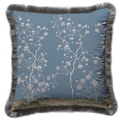 Luxus Designer Deko Kissen Sträucher mit Blumen & Vögel Blau Mehrfarbig Grau Luxury Designer Decorative Pillow Shrubs with Flowers & Birds Blue Multicolored Gray
