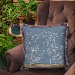 Luxus Designer Deko Kissen Sträucher mit Blumen & Vögel Blau Mehrfarbig Grau Luxury Designer Decorative Pillow Shrubs with Flowers & Birds Blue Multicolored Gray