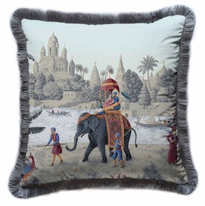 Casa Padrino cojín decorativa de lujo palacio multicolor / gris 45 x 45 cm - Almohada de terciopelo estampado con flecos - Accesorios decorativos de lujo