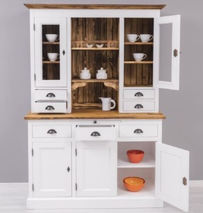 Casa Padrino Landhausstil Esszimmerschrank Weiß / Braun 137 x 50 x H. 197 cm - Massivholz Küchenschrank - Esszimmer Möbel im Landhausstil - Landhausstil Esszimmer Einrichtung