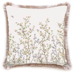 Luxus Designer Deko Kissen Sträucher mit Blumen & Vögel Weiß Mehrfarbig Braun Luxury Designer Decorative Pillow Shrubs with Flowers & Birds White Multicolored Brown