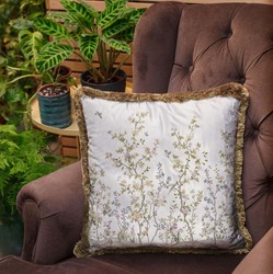 Luxus Designer Deko Kissen Sträucher mit Blumen & Vögel Weiß Mehrfarbig Braun Luxury Designer Decorative Pillow Shrubs with Flowers & Birds White Multicolored Brown