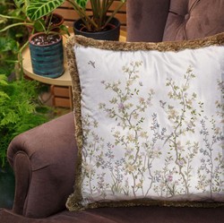 Luxus Designer Deko Kissen Sträucher mit Blumen & Vögel Weiß Mehrfarbig Braun Luxury Designer Decorative Pillow Shrubs with Flowers & Birds White Multicolored Brown