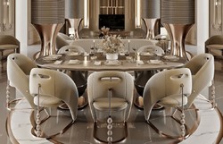 Casa Padrino conjunto de comedor de lujo gris / gris oscuro / cobre - 1 Mesa de comedor de lujo y 8 Sillas de comedor de lujo - Muebles de comedor - Muebles de lujo - Interiores de lujo