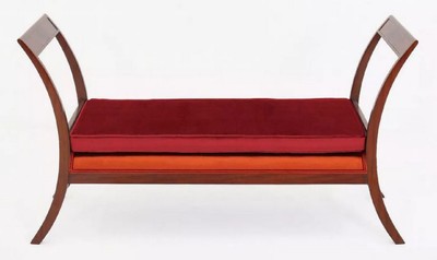 Casa Padrino Luxus Art Deco Sitzbank Bordeauxrot / Orange / Braun 152 x 50 x H. 85 cm - Gepolsterte Wohnzimmer Bank - Art Deco Möbel - Luxus Möbel
