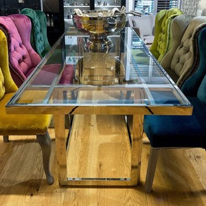 Casa Padrino Luxus Esstisch Silber 220 x 90 x H. 77 cm - Rechteckiger Metall Esszimmertisch mit Glasplatte - Esszimmer Möbel - Luxus Möbel