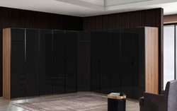 Casa Padrino armadio ad angolo di lusso marrone / nero 345 x 345 x A. 220 cm - Armadio camera da letto in legno massello con 11 ante in vetro e illuminazione a led - Mobili camera da letto di lusso
