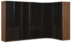Casa Padrino armadio ad angolo di lusso marrone / nero 345 x 195 x A. 220 cm - Armadio camera da letto in legno massello con 8 ante in vetro e illuminazione a led - Mobili camera da letto di lusso