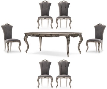 Casa Padrino conjunto de comedor barroco de lujo gris / plata - 1 Mesa de Comedor Barroco y 6 Sillas de Comedor Barrocos - Muebles de comedor de lujo estilo barroco