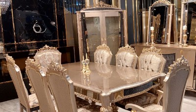 Casa Padrino conjunto de comedor barroco de lujo gris / negro / oro - 1 Mesa de Comedor Barroco y 8 Sillas de Comedor Barrocos - Muebles de comedor de lujo estilo barroco
