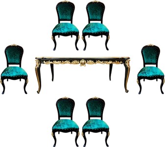 Pompöös by Casa Padrino Conjunto de Comedor Barroco de Lujo Verde / Negro / Oro - Pompöös Mesa de Comedor Barroco con Tapa de Vidrio y 6 Sillas de Comedor Barrocos por Harald Glööckler