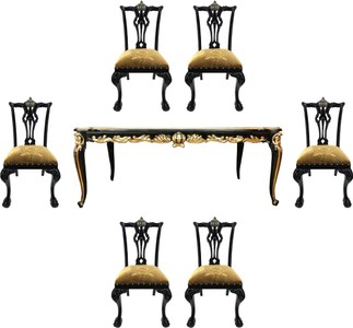 Pompöös by Casa Padrino Conjunto de Comedor Barroco de Lujo Oro / Negro - Pompöös Mesa de Comedor Barroco con Tapa de Vidrio y 6 Sillas de Comedor Barrocos por Harald Glööckler