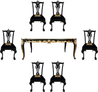 Pompöös by Casa Padrino Conjunto de Comedor Barroco de Lujo Negro / Oro - Pompöös Mesa de Comedor Barroco con Tapa de Vidrio y 6 Sillas de Comedor Barrocos por Harald Glööckler