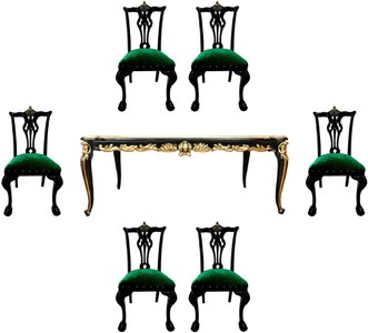 Pompöös by Casa Padrino Conjunto de Comedor Barroco de Lujo Verde / Negro / Oro - 1 Mesa de Comedor Barroco con Tapa de Vidrio y 6 Sillas de Comedor por Harald Glööckler - Pompöös Muebles Barrocos
