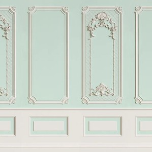 Casa Padrino Luxus Barock Vliestapete Mintgrün / Grau - Barockstil Wohnzimmer Tapete mit elegantem Stuck Muster - Wanddeko im Barockstil - Barock Tapeten - Tapeten im Barockstil