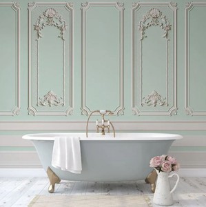 Casa Padrino Luxus Barock Vliestapete Mintgrün / Grau - Barockstil Wohnzimmer Tapete mit elegantem Stuck Muster - Wanddeko im Barockstil - Barock Tapeten - Tapeten im Barockstil