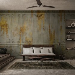 Casa Padrino papel pintado no tejido barroco de lujo gris antiguo / amarillo / marrón - Papel pintado de salón de estilo barroco con patrón estuco elegante - Decoración de salón barroco