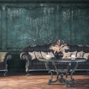 Casa Padrino Luxus Barock Vliestapete Antik Grün / Weiß - Barockstil Wohnzimmer Tapete mit elegantem Stuck Muster - Wanddeko im Barockstil - Barock Tapeten - Tapeten im Barockstil