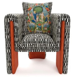 Casa Padrino luxury designer velvet armchair with pillow black / white / orange 80 x 68 x H. 99 cm - Living room armchair - Living room furniture - Hotel furniture - Luxury designer furniture