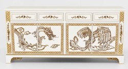 Casa Padrino buffet baroque de luxe de style chinois blanc / or - Cabinet en bois massif de style baroque avec 4 tiroirs et 4 portes - Meuble de salle à manger de luxe de style baroque