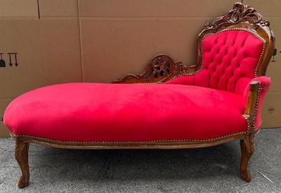 Casa Padrino chaise longue barroco lado derecho rojo / marrón - Recamier de madera maciza hecho a mano - Muebles de salón barrocos - Noble y Magnífico