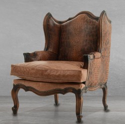 Luxus Barock Leder Echtleder Sessel Ohrensessel Braun