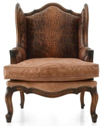 Luxus Barock Leder Echtleder Sessel Ohrensessel Braun