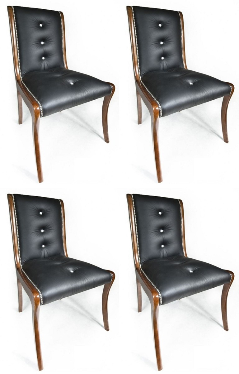 Conjunto de 4 Sillas de Comedor de Cuero Genuino de Lujo Negro Marrón Conjunto de 4 Sillas de Comedor de Cuero Genuino de Lujo Negro Marrón