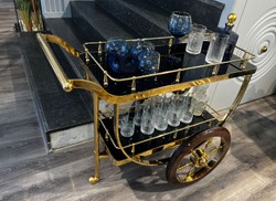 Luxus Trolley Servierwagen Gold Braun Schwarz