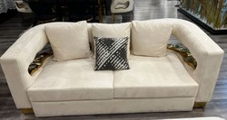 Luxus Wohnzimmer Hotel 2er Sofa Creme Gold