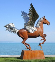 Luxus Garten Deko Skulptur Figur Pegasus Pferd Rost Silber