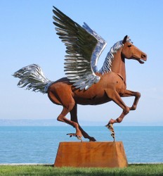 Luxus Garten Deko Skulptur Figur Pegasus Pferd Rost Silber