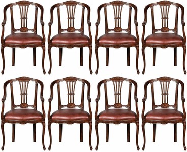 Conjunto de 8 sillas de Comedor de Cuero Barroco de Lujo con Reposabrazos Marrón
