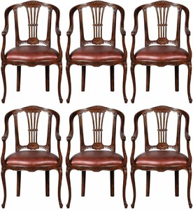 Conjunto de 6 sillas de Comedor de Cuero Barroco de Lujo con Reposabrazos Marrón