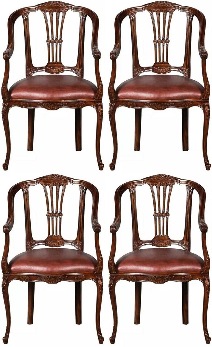 Luxus Barock Leder Esszimmerstuhl 4er Set mit Armlehnen Braun Luxus Barock Leder Esszimmerstuhl 4er Set mit Armlehnen Braun