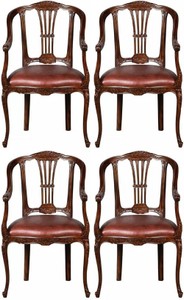 Conjunto de 4 sillas de Comedor de Cuero Barroco de Lujo con Reposabrazos Marrón