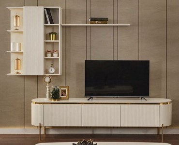 Luxus TV Schrank Set Weiß Gold