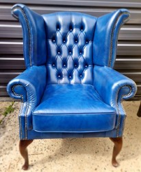 Sillón Orejero Chesterfield de Lujo de Cuero Azul Marrón Oscuro