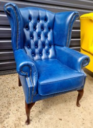 Sillón Orejero Chesterfield de Lujo de Cuero Azul Marrón Oscuro